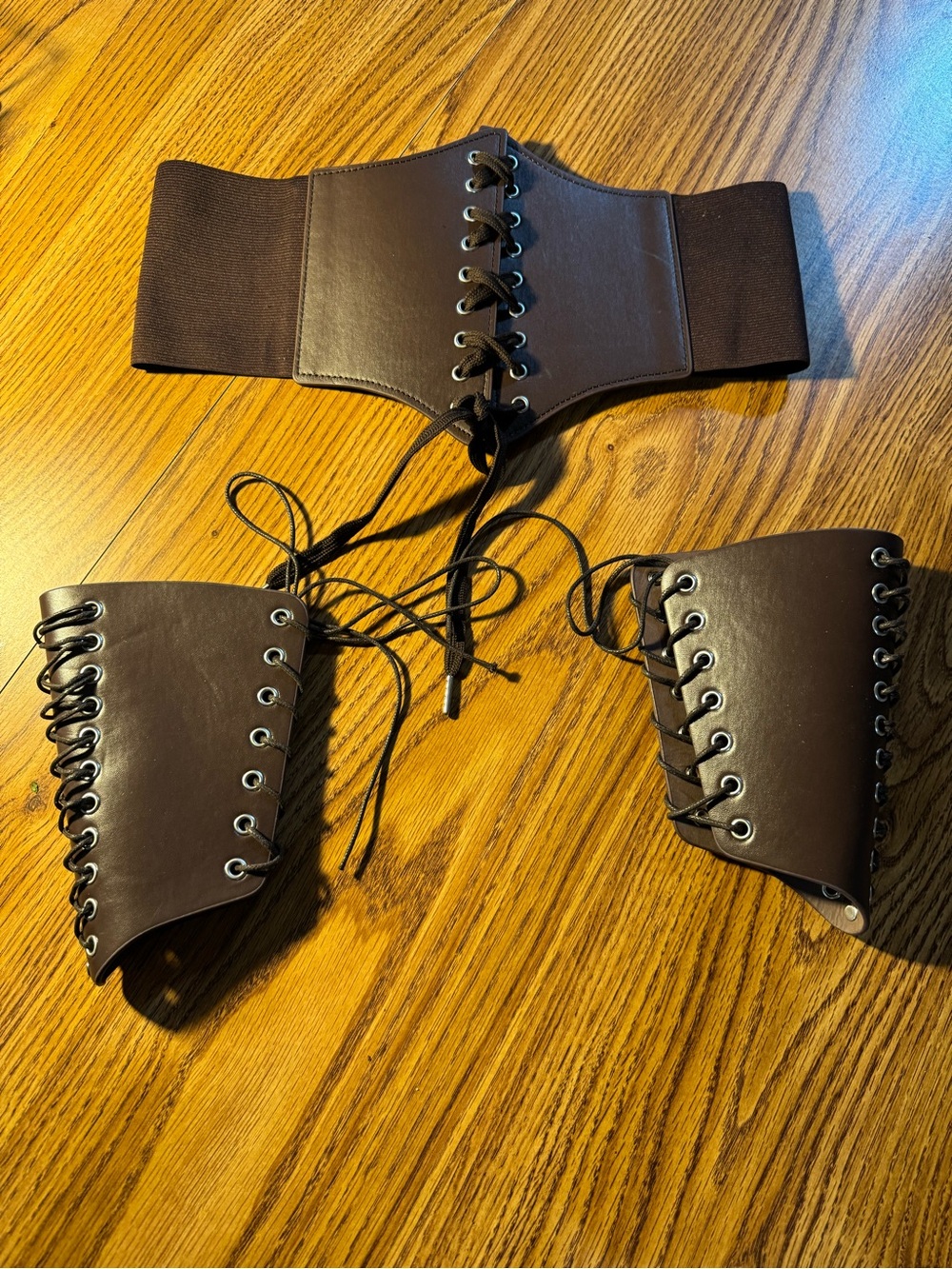 Medieval Gothic Punk Faux Leather Lace Up Arm and Corset Style Belt Set